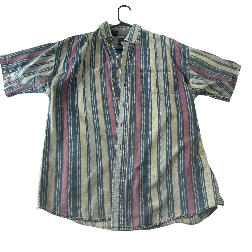 VTG Haggar Casuals Mens Medium Blue Red Striped Short Sleeve Button Down Shirt